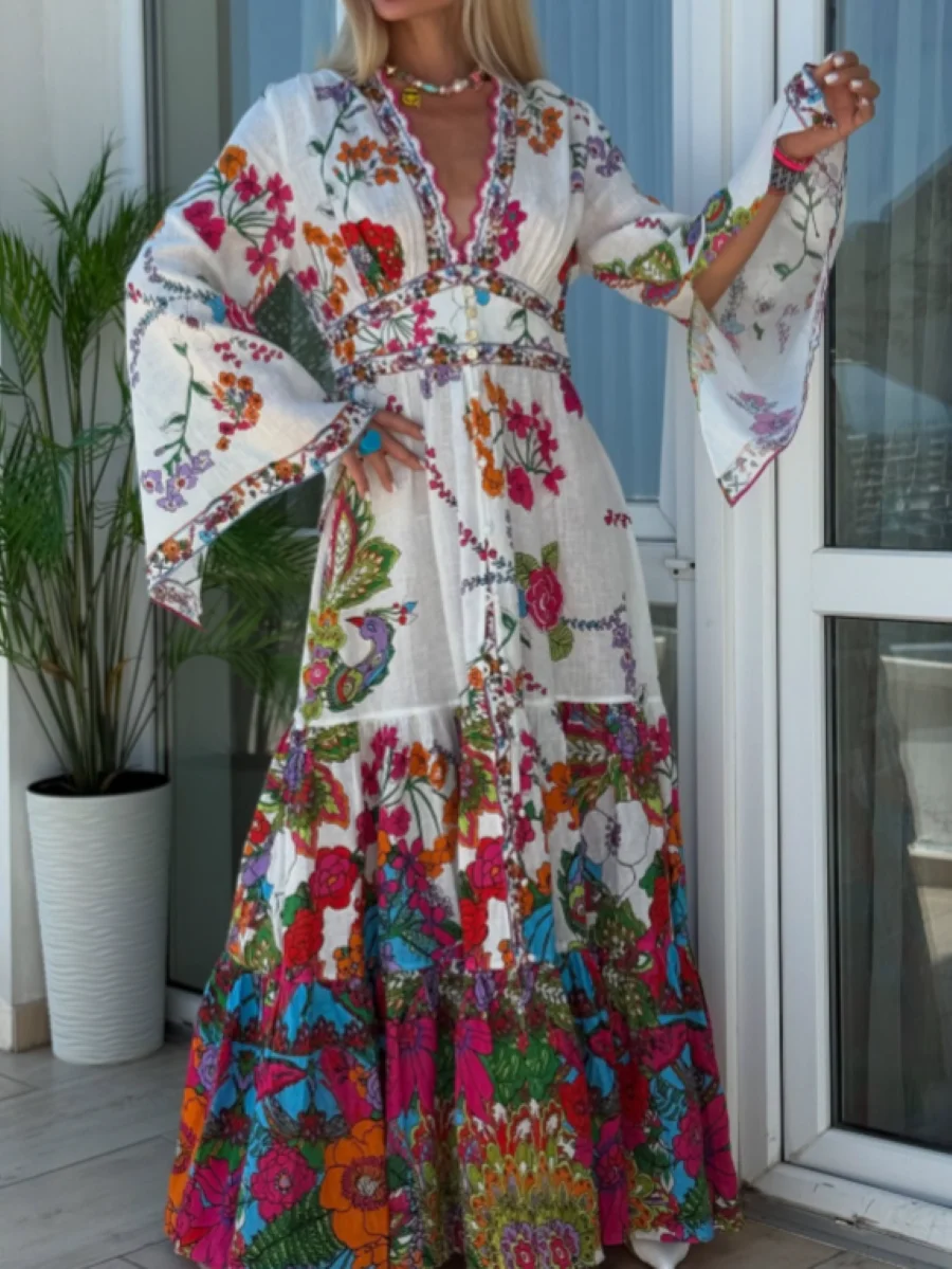 

Flower Print Women Crystal Beaded Maxi Dress Embroidery Stitching V-Neck High Waist Long Sleeve Loose Ladies Robe