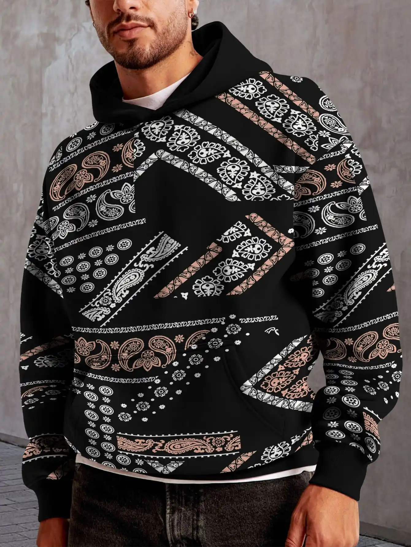 

Light color 3D printed fabric splicing hoodie men's casual color long-sleeved street sweater 2025 autumn fashion new hoodie
