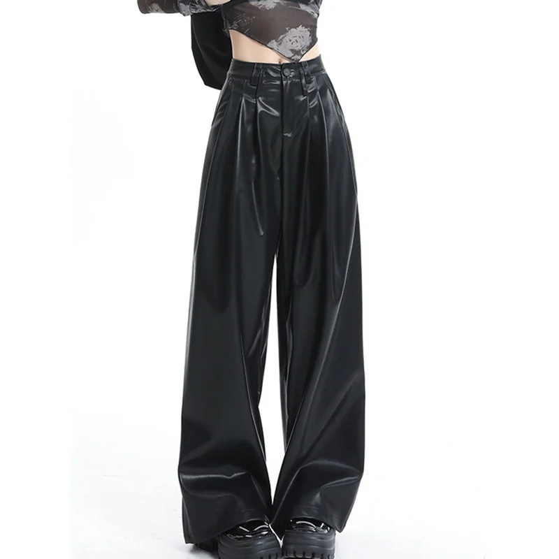 

Стильные женские свободные кожаные брюки с широкими штанинами, с высокой талией, прямого кроя, с эффектом драпировки, для весны и лета, подходят для любого случая.