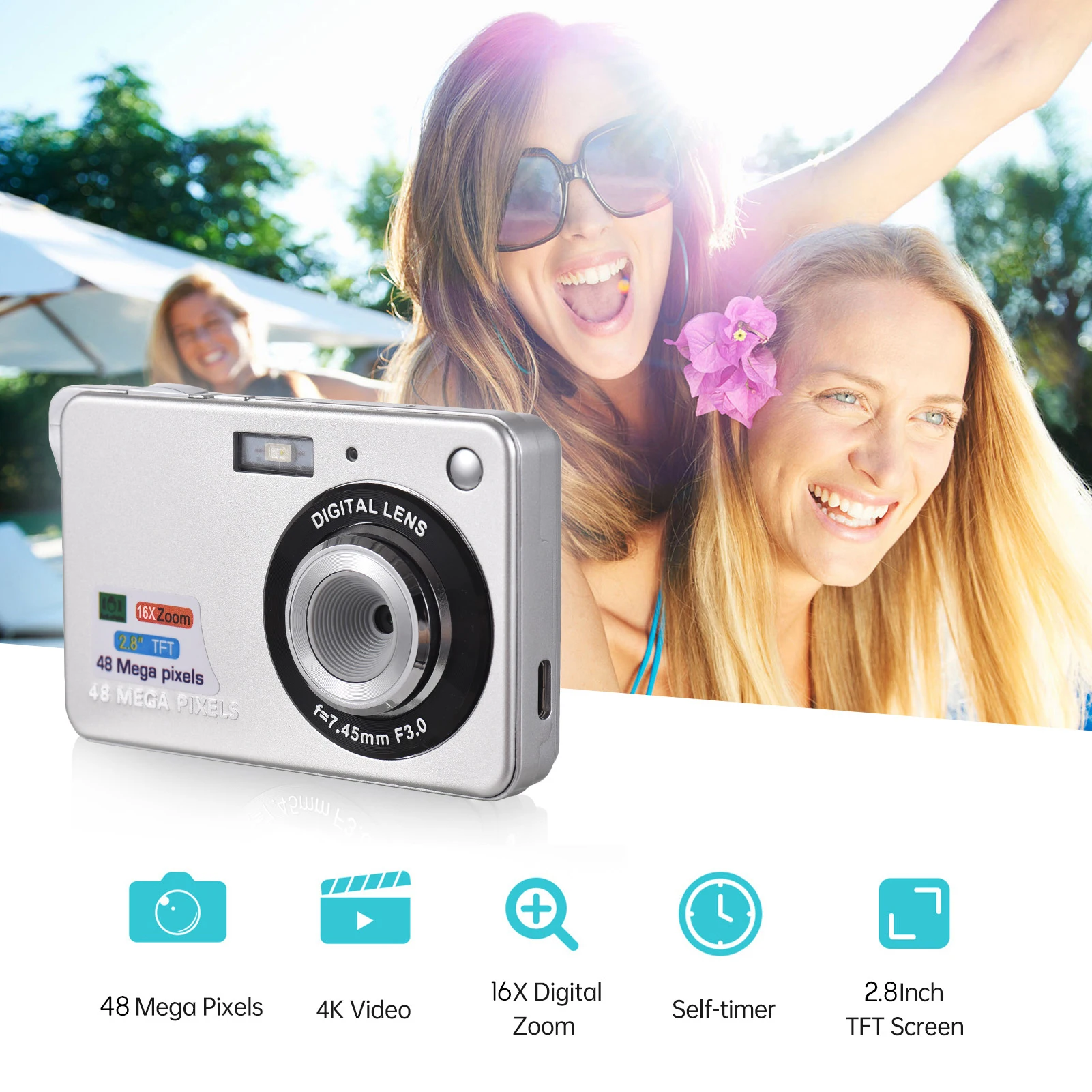 كاميرا رقمية 4K كاميرا فيديو كاميرا فيديو 48 ميجابكسل 2.8 بوصة شاشة TFT تركيز تلقائي 16X تكبير رقمي مضاد للاهتزاز كشف الوجه والابتسامة