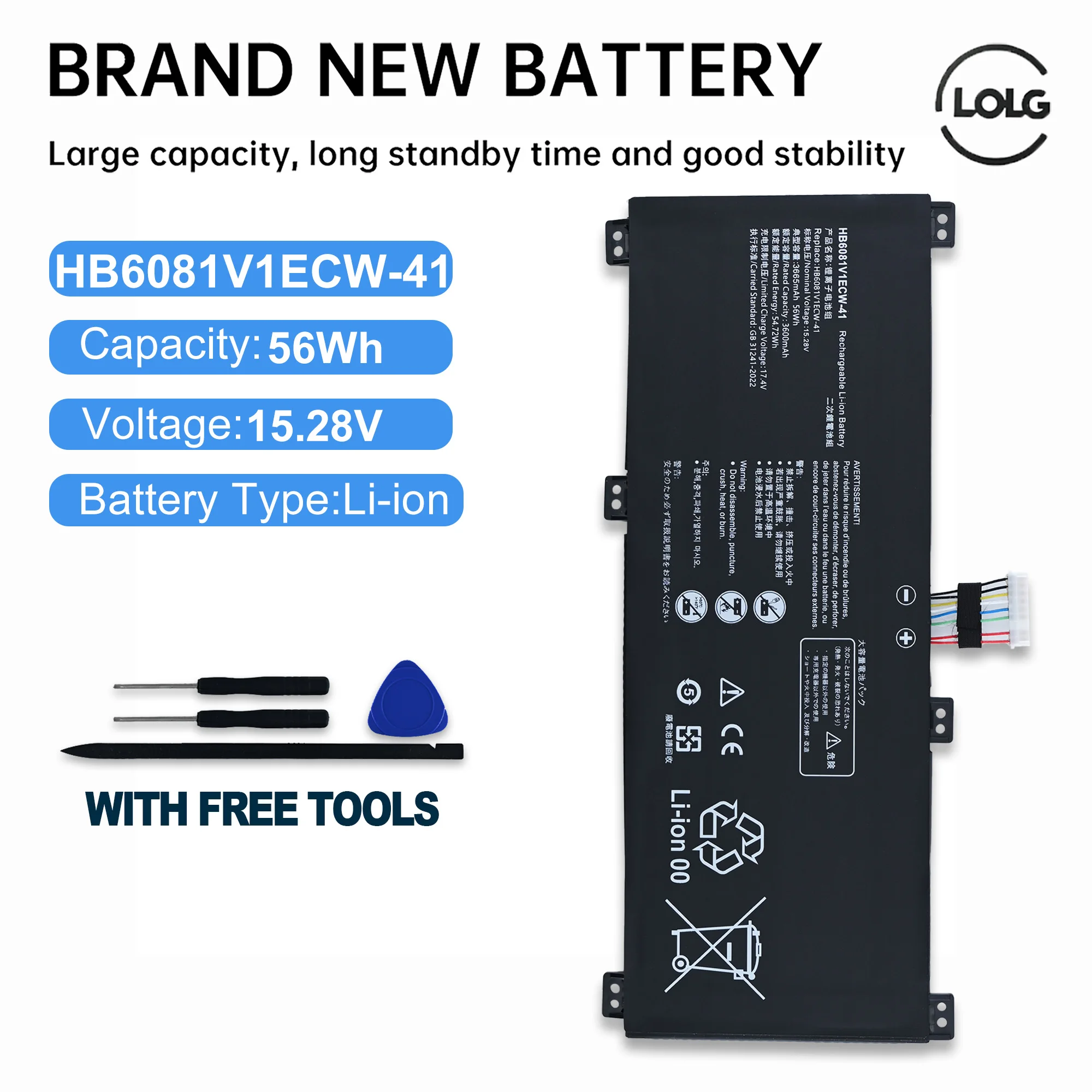 LOLG  HB6081V1ECW-41 Battery For Huawei MagicBook Pro 2020,10210U HB60,Honor V700,MateBook D 16,HLY-W19RP,HBL-W19 W29 HYM-W56