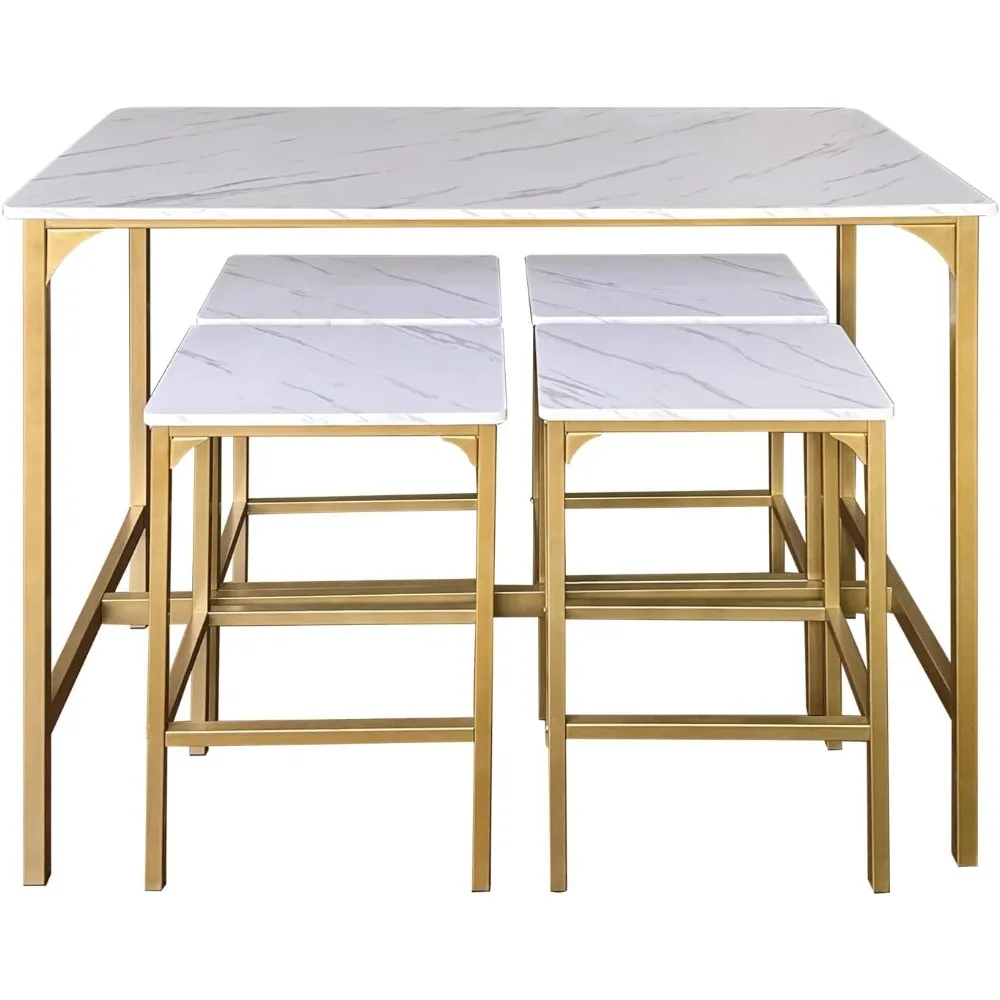 Set Meja Bar AT-VALY 5-Piece dengan 4 Kursi, Furnitur Ruang Makan, Desain Ringkas dalam Warna Emas dan Putih