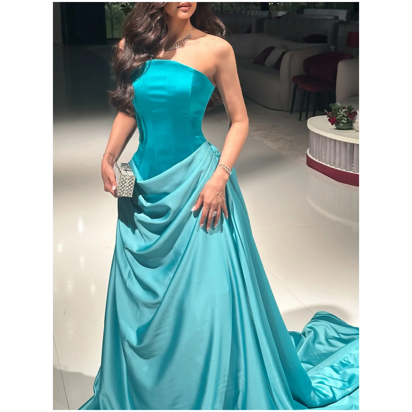 

Elegant Vintage Turquoise Prom Dress Satin Strapless Long Train Ruched Evening Gown for Women Formal Wedding Party Customized
