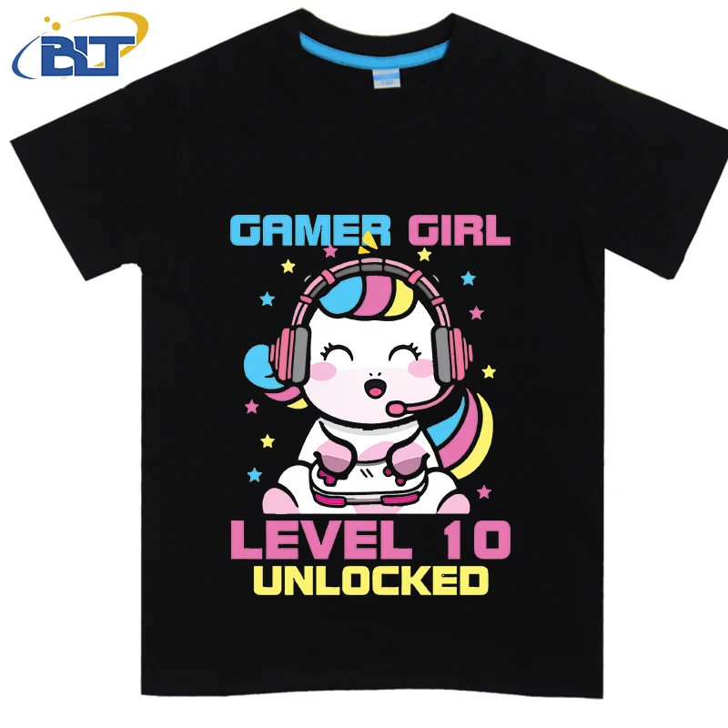 T-shirt de manga curta para menino e menina, top casual, de algodão, para crianças, jogo do 10 ° aniversário, verão