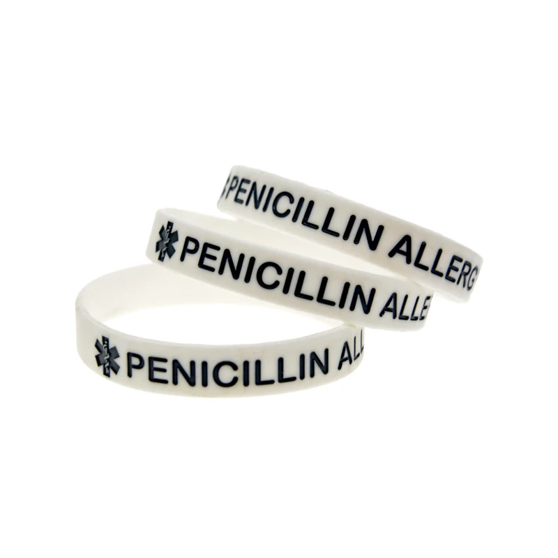 50 Stück medizinische Armbänder zur Identifizierung von Allergien gegen PENICILLIN, aus Silikonkautschuk, Erwachsenengröße, 4 Farben. – Detail 3
