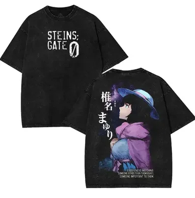 Camiseta de Anime Steins Gate de Talla Grande Unisex para Amantes del Anime, Ropa Lavada con Personalidad, Ropa para Todo el Año, Ropa de Pareja de Alta Calidad