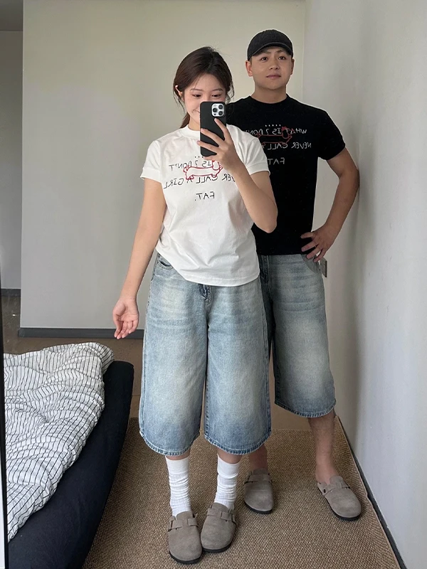 

Ретро-джинсовые шорты в американском стиле для мужчин, летние, тонкие, модные, в уличном стиле, свободные, широкие, укороченные (7/8), прямого кроя, свободного силуэта