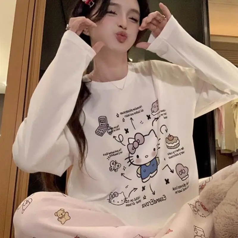 

Женские пижамные комплекты Hello Kitty для сна, кавайные студенческие весенне-осенние брюки с длинными рукавами и круглым вырезом, домашняя одежда, новинка