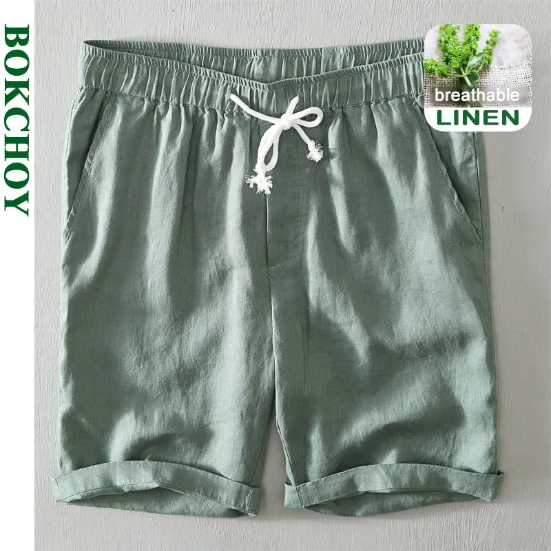 Summer New Simple 100% Linen Shorts for Men Clothing Solid Color Streetwear Men Pants B8103