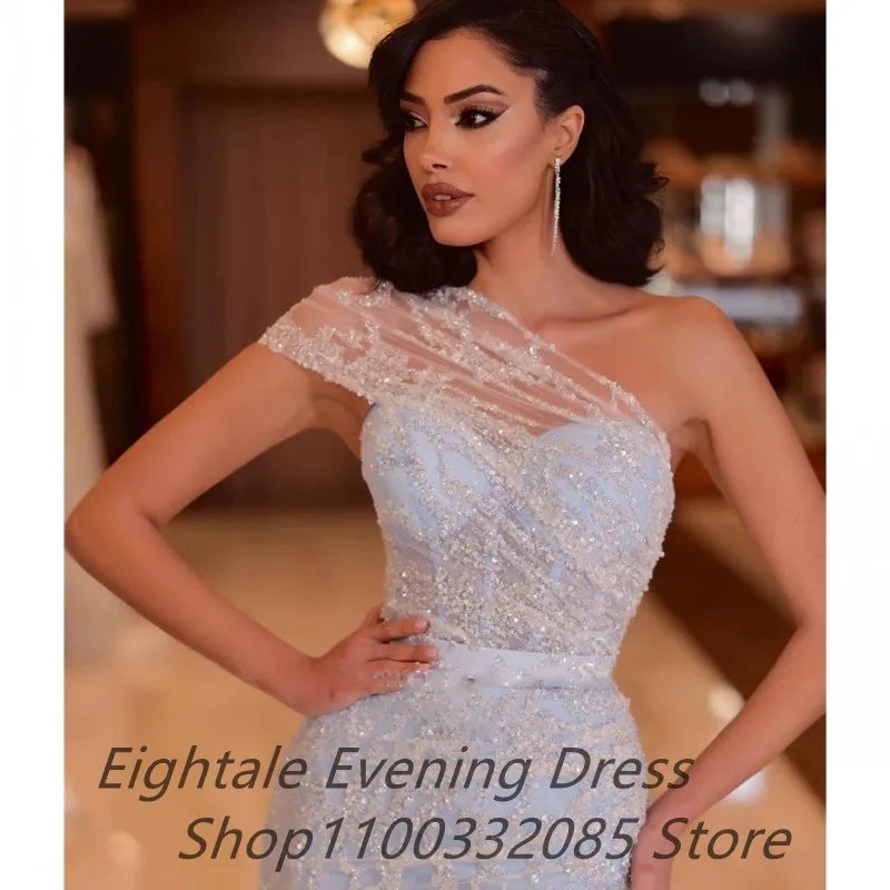 Customized Glitter Light Blue Lace Sequin Mermaid Evening Dresses Overskirt One Shoulder Dubai Women Prom Gowns