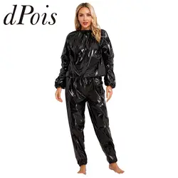 2Pcs Women Sauna Suit PVC Long Sleeve Elastic Cuff Top Pants Set Sweat Suit Fitness Gym Workout Outfits for Adults Clothes Sets