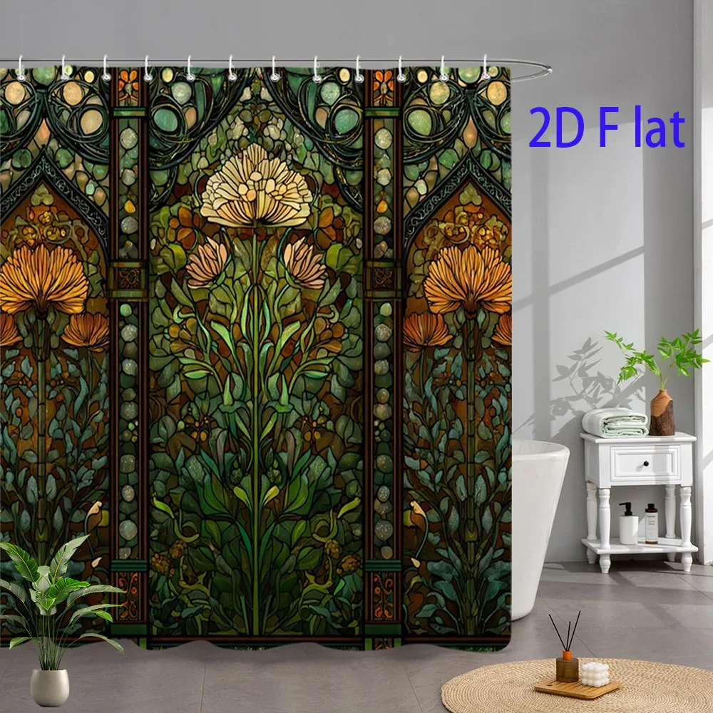 1pc Vintage Stained Glass Shower Curtain - Elegant Gothic/Renaissance Floral & Leaf Pattern in Green/Brown, Semi- Privacy Window