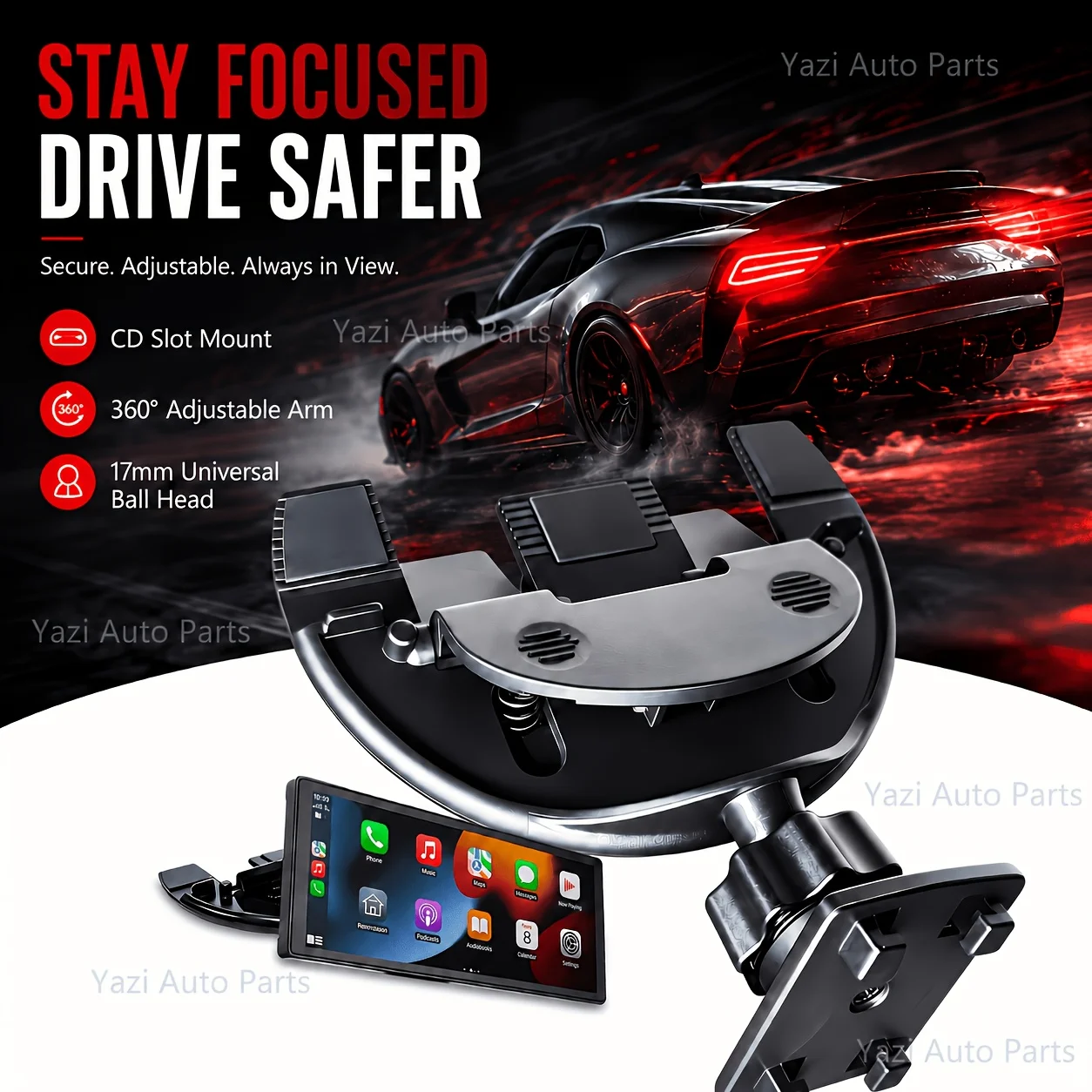 CarPlay Screen CD Slot Mount 17mm Ball Head 360 Adjustable Holder for 7-12in CarPlay Android Auto Display GPS