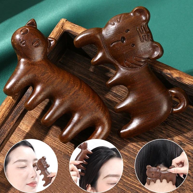 【F】1Pc Boutique Hand-carved Sandalwood Craft Comb For Hair Tiger/Cat Massage Combs Hair Brush Styling Tools Gift For Healthy