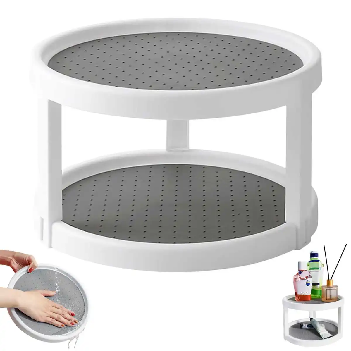 1 PC 2-Layer 360-Degree Rotating Spice Storage Rack Non-Slip Turntable Storage Tray Cosmetic Storage Box for Space Saving