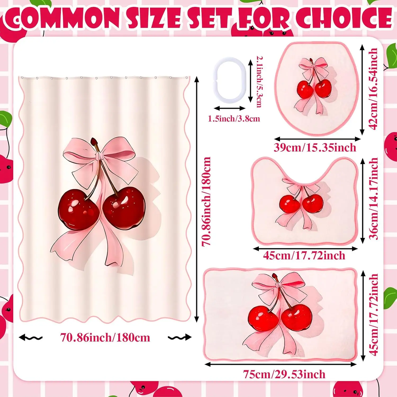 Scalloped Bow Cherry Shower Curtain Set 4 Pcs Pink Coquette Bow Bathroom Decor Set with Rugs Romantic Pink Aesthetic Bathroom Cu