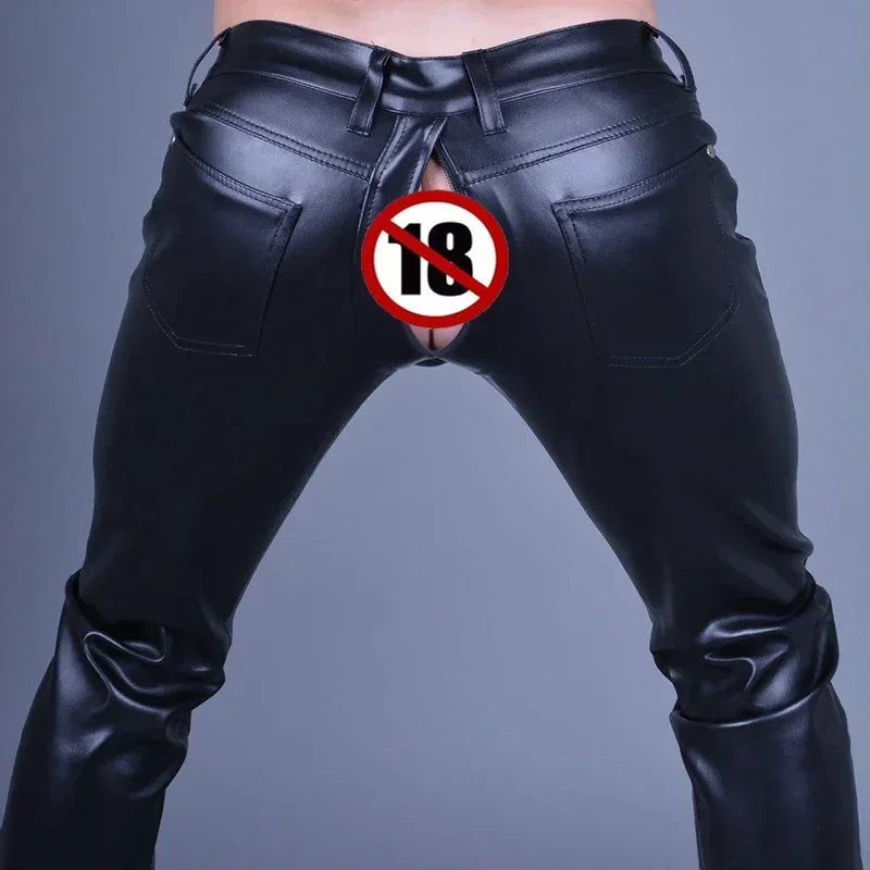 Men's Sexy Exotic Open Crotch Matte Leather Pants with Pocket Male Stretch PU Slim Trousers Motorcycle Pants Custom Clubwear New