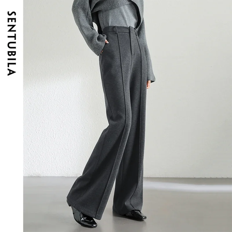 SENTUBILA Wool Blend Flare Pants Women Winter Thick Warm Trousers 2024 High Waist Office Lady Fashion Casual Pants 144K57322