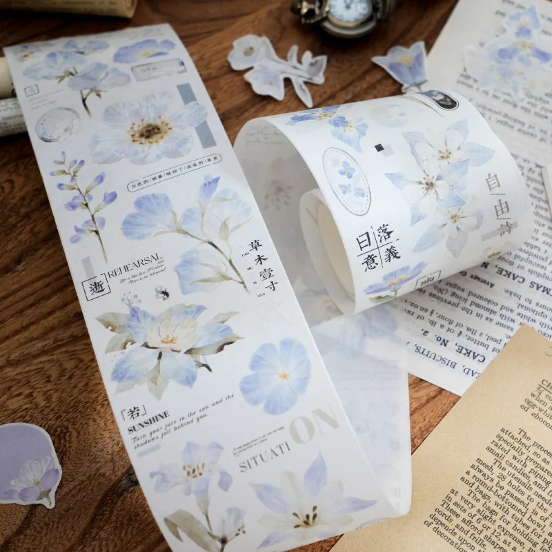 

4 Styles, 200cm Per Roll, Washi Tape Stickers, Light Retro Text Flower Stickers DIY Handmade Decorative Materials