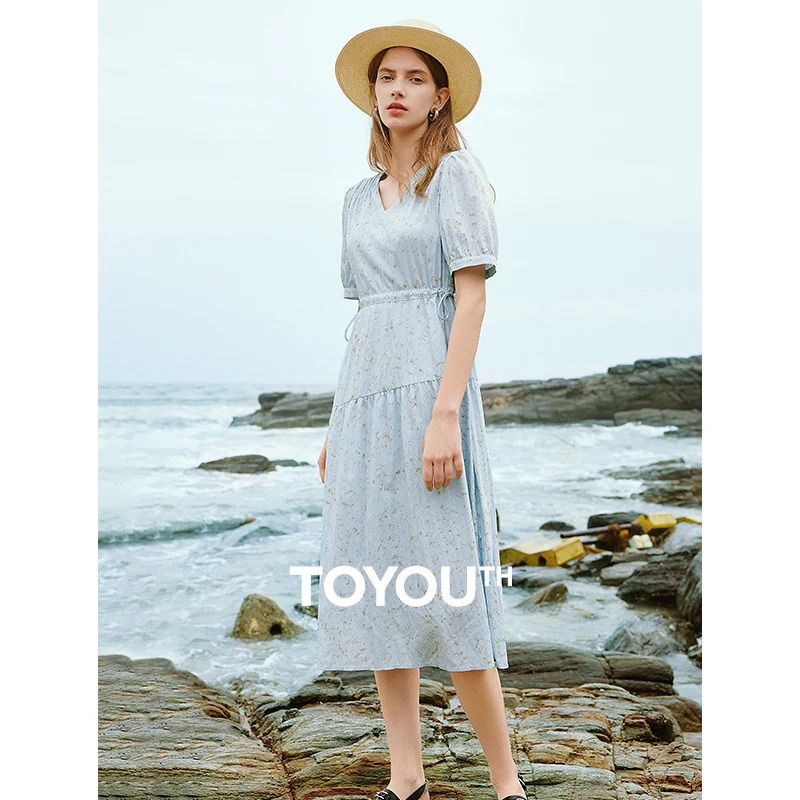 

TOYOUTH Dressed Women's 2024 Summer New Style V-neck Bubble Sleeves Light Blue Skirt