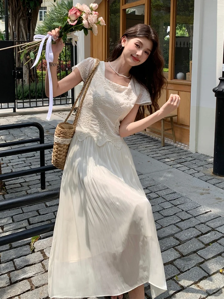 

SMTHMA Solid Spliced Design Square Collar Fake Two-Piece Summer Dress Women's New Fashion Slim Jacquard Embroidery Long Dresses