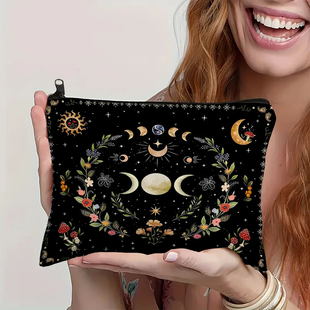 1PC Moon Phase Sun Starry Sky Flowers Witchcraft Print Large Makeup Bag Stylish Cute Toiletry Organizer Handbag for Women Girls