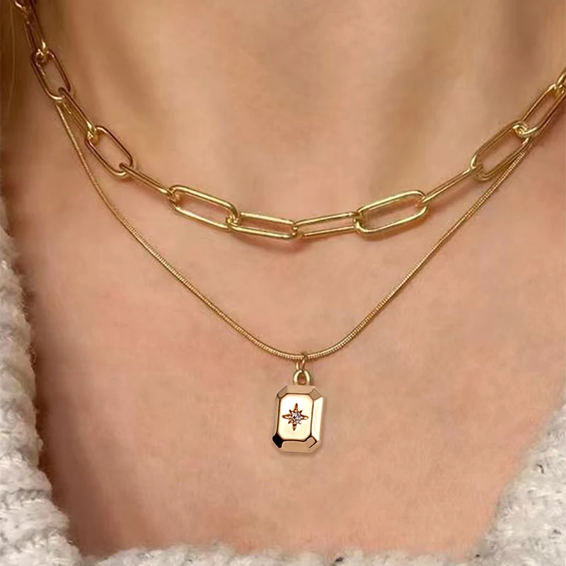 

New Golden Square Star Zircon Pendant Necklace Party Vacation Concert Shop Minimalist Versatile Classic Trendy Niche Necklace