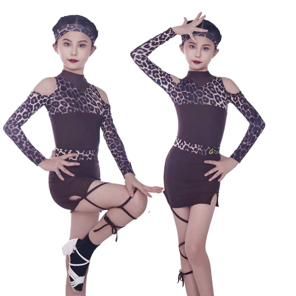 

ballroom latin leopard print bandage skirt girls kids american dance rumba cha cha samba tango costume competition practice wear
