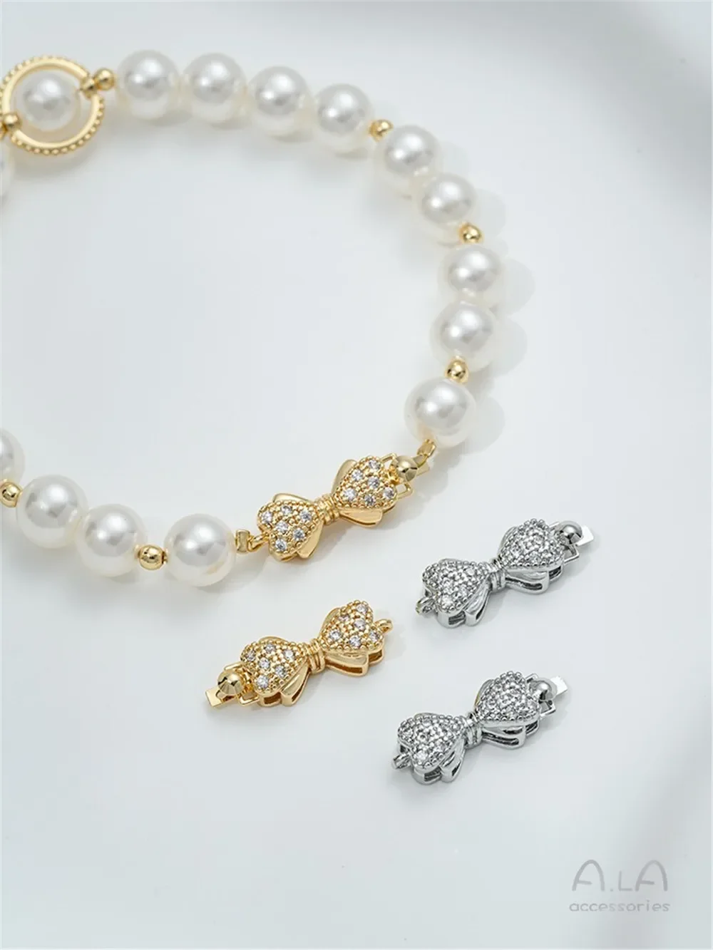 14K Gold Filled Zircon Inlaid Bow Pearl Clasp, Connector Buckle for DIY Bracelet Necklace Handmade Jewelry Making