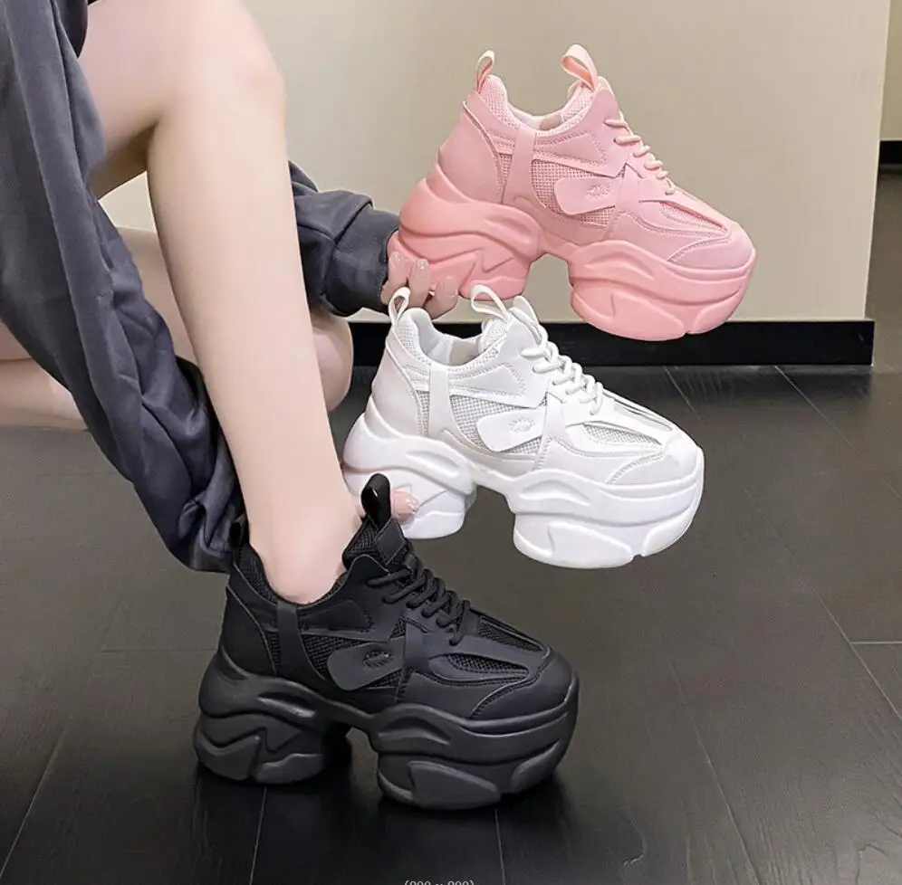 2024 Super High Heels12cm Chunky Sneakers donna autunno spessa altezza inferiore lncordonatura scarpe Casual Lady Mesh Platform Vulcanize