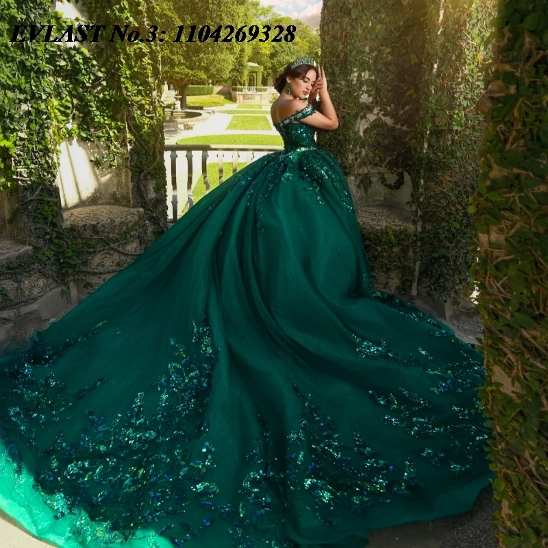 EVLAST Customized Shiny Blackish Green Quinceanera Dress Ball Gown Floral Applique Beading Sweet 16 Vestidos 15 De Anos E3Q852