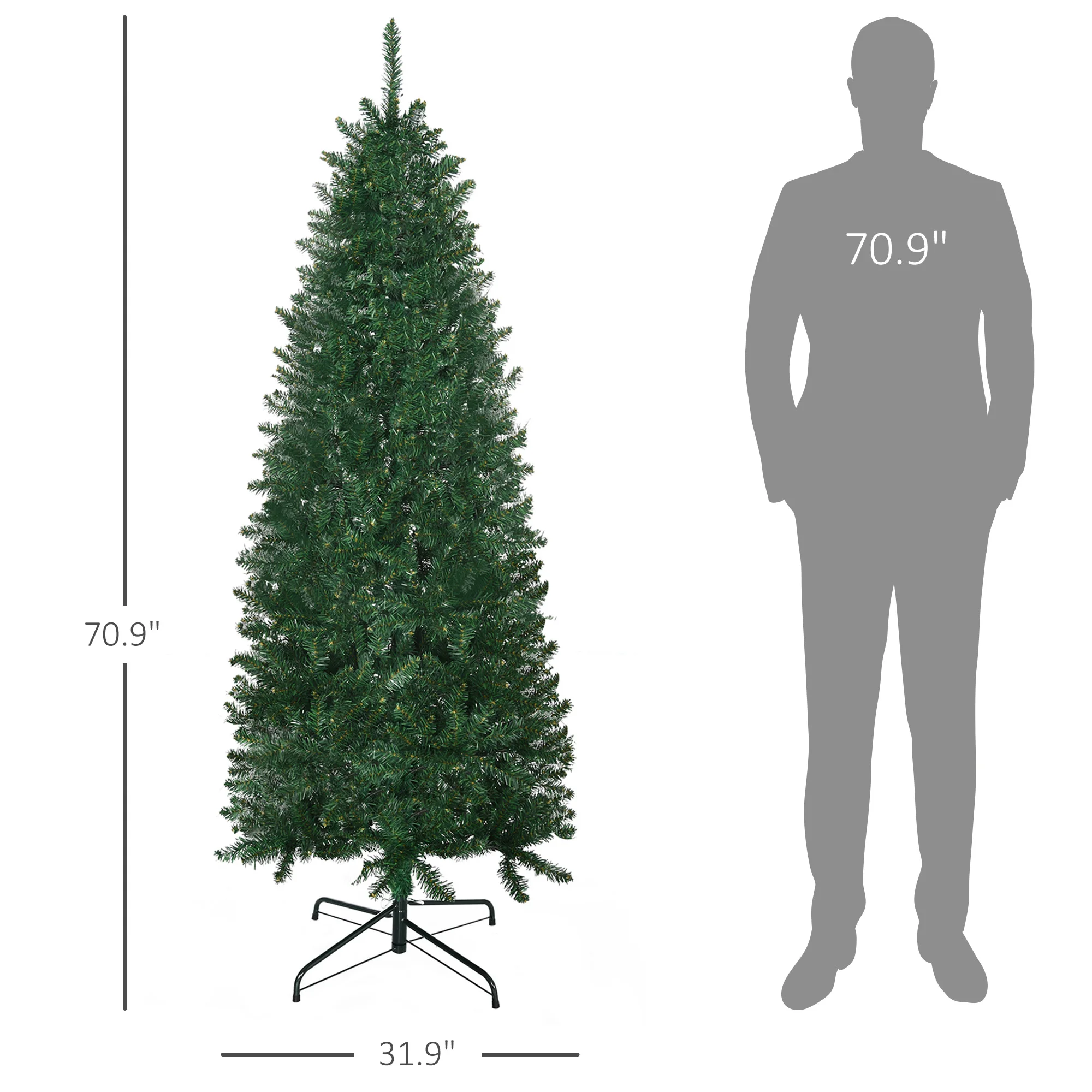 Homcom 6' Tall Unlit Slim Fir Artificial Christmas Tree with Realistic Branches and 583 Tips, Green