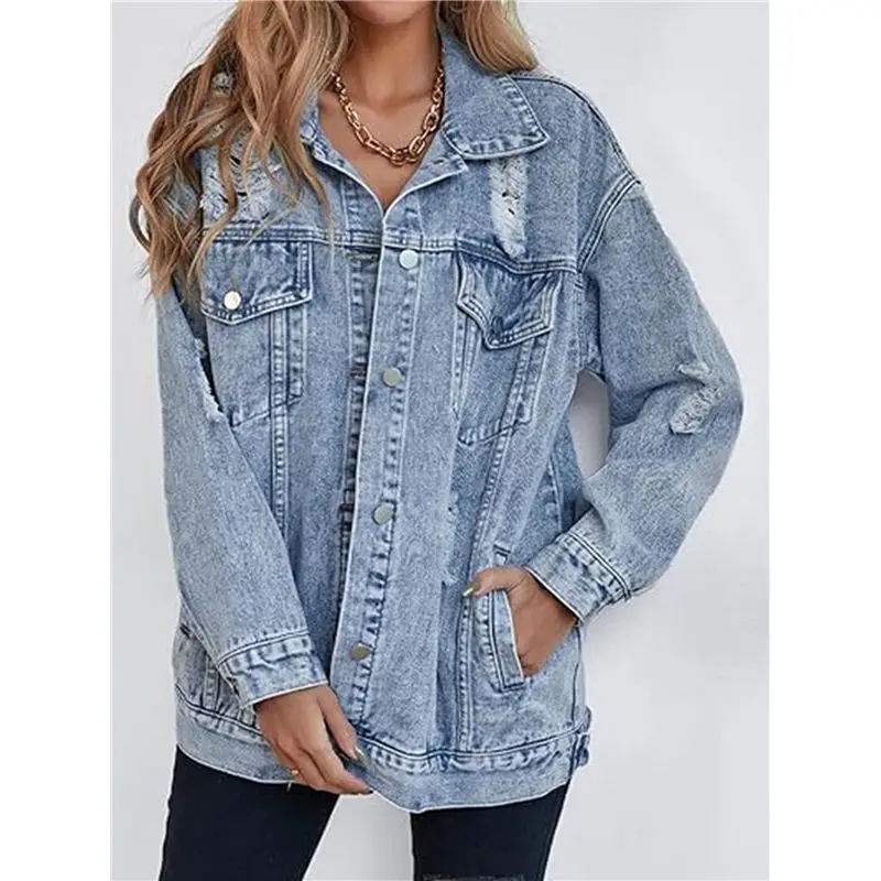 ABJO-Giacca di jeans lunga oversize da donna Cappotto da giubbotto di jeans effetto consumato strappato da fidanzato
