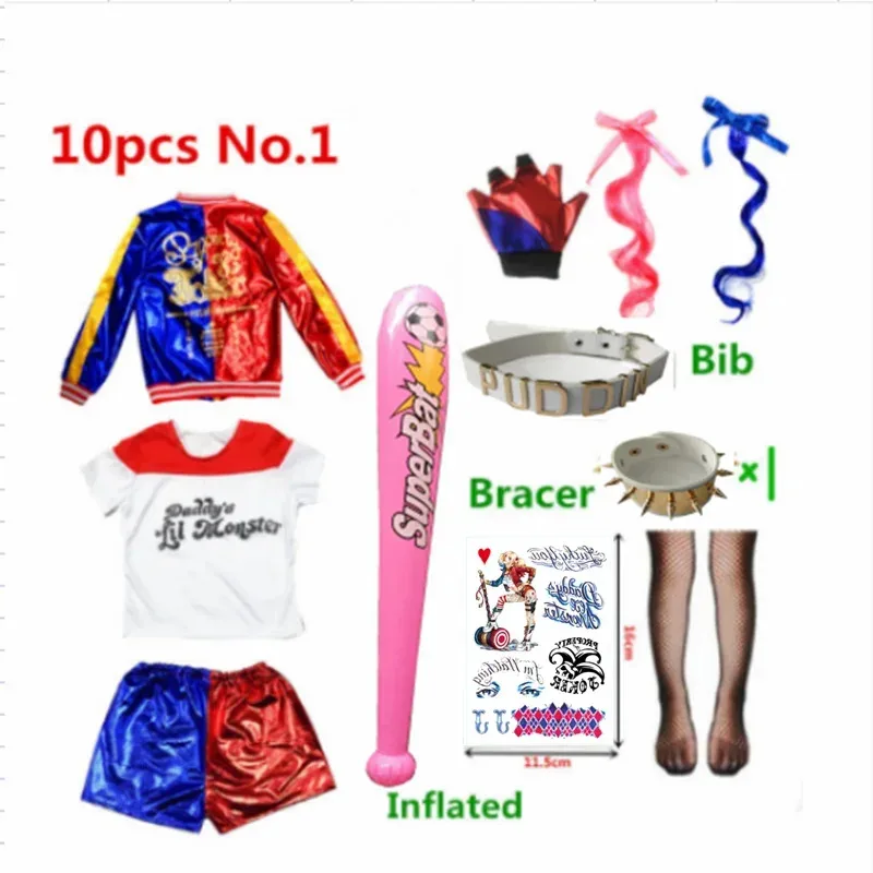 Cy2025 할로윈 어린이 성인 코스프레 의상 퀸 스쿼드 할리 몬스터 티셔츠 바지 액세서리 풀세트
