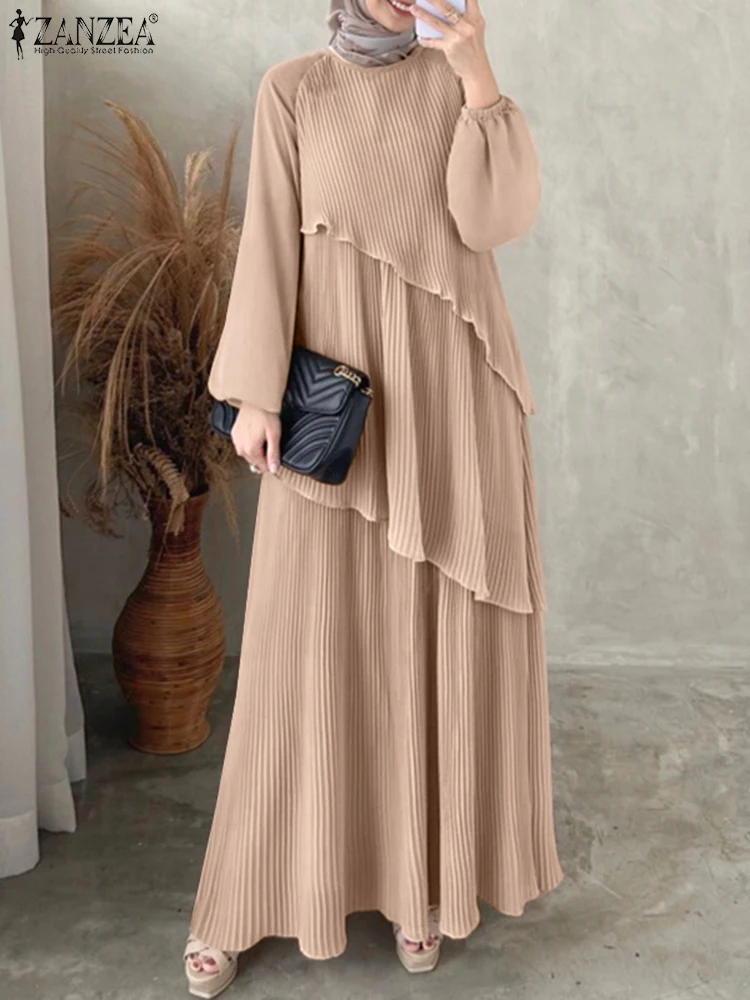 

ZANZEA Muslim Fashion Patchwork Abaya Robes Women Lantern Sleeve Plisse Layered Maxi Dress Islamic Hijab Elegant Pleated Dress