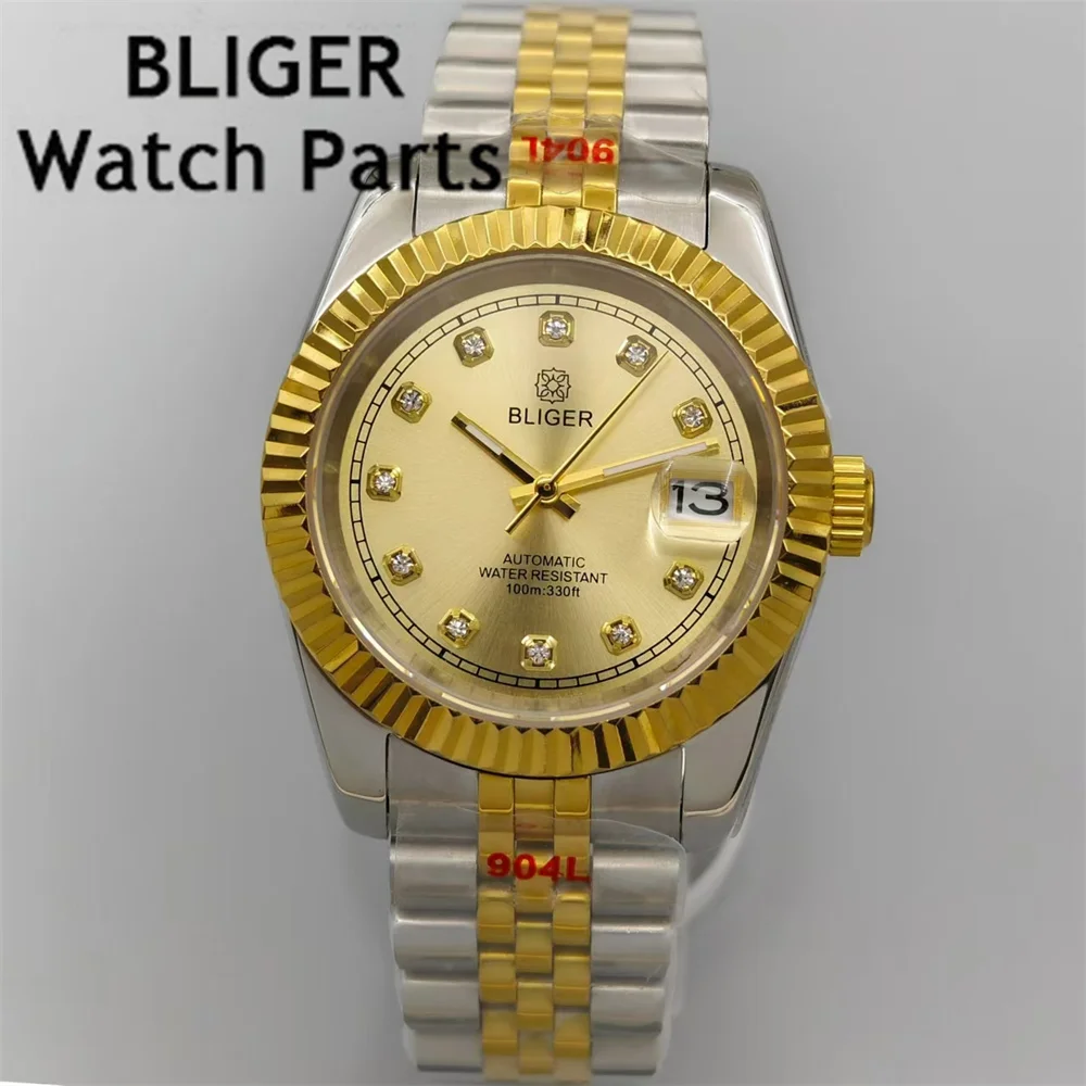 BLIGER 36mm/39mm Luxury Men Watches NH35 Automatic Silver Gold Case Gold Dial Diamond Blue AR Coated Glass Date Waterproof