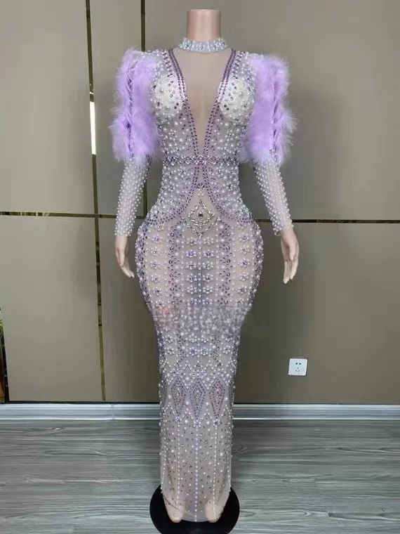 Luxury Purple Feather Full Diamond Stage Walk Show Gogo Female Singer Party Long Dress Bar Nightclub Guests Prom Birthday Wear