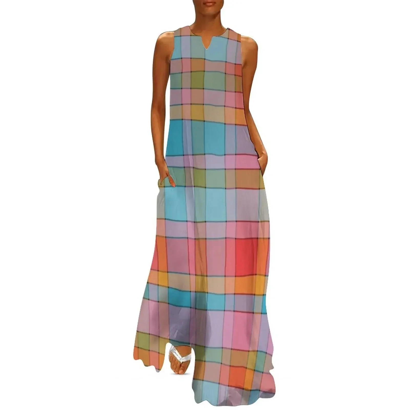 

Funky Madras Plaid Pattern Red Blue Pink Green Ochre Long Dress dress for woman Summer skirt Women's dress