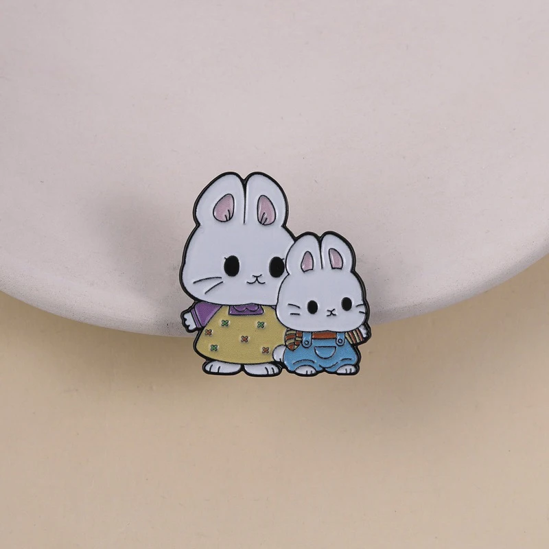 Cute Mama Rabbit Pin Two Bunnies Snuggling Brooch with Baby in Overalls Accessory for Daily Wear Whimsical Animal Style
