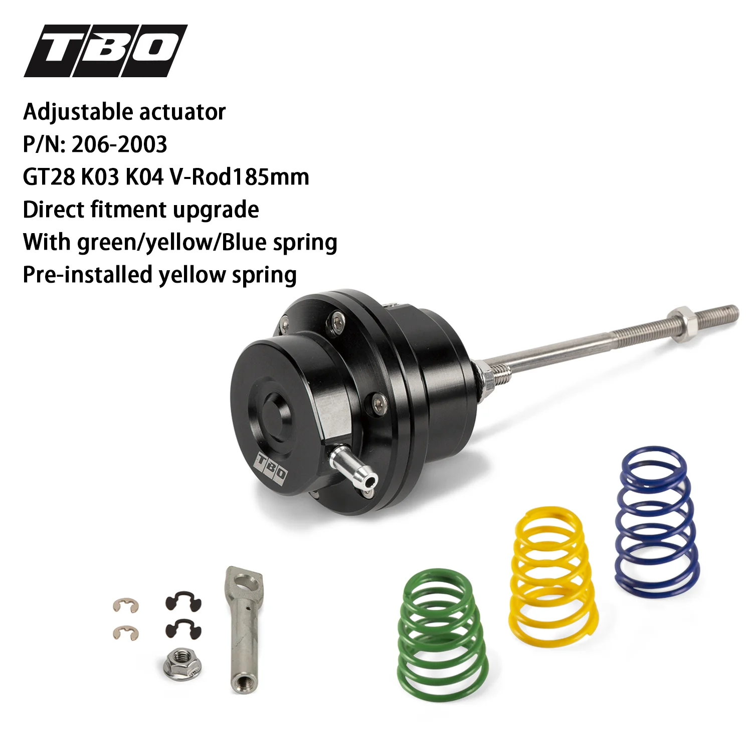 

Turbo Wastegate Adjustable Actuator V-Rod185mm For GT28 K03 K04 Turbo Direct Fitment With Green/Yellow/Blue Spring