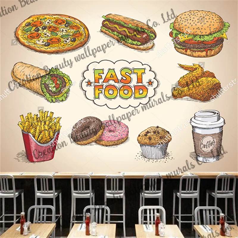 

Custom Wallpaper Hand Painted Fast Food Burger Pizza Mural Industrial Decor Restaurant Snack Bar Background Wall Papel Tapiz