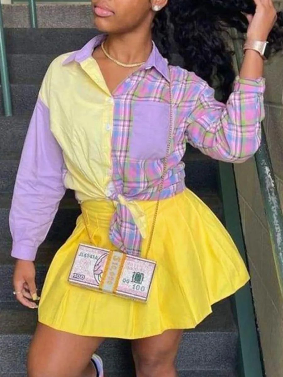 

LW Pattern Plaid Regular Two-piece Skirt Suits Long Sleeve Button Up Knotted Patchwork Shirt&Plain Yellow Pleated Skirts