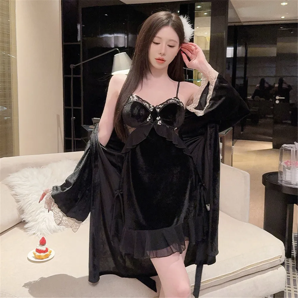 

Gold Velour Robe Set Women Two Piece Set Kimono Sleep Suit Ruffles Velvet Nightgown Home Dress