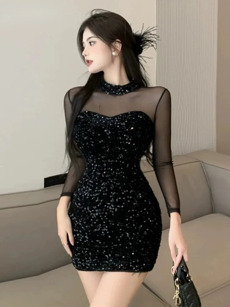 

Woman Dress Sexy Sequins Patchwork See Through Slim Elegant Party Dresses Ladies Clubwear Long Sleeve Slim Fashion