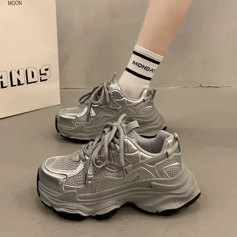 

Women's Chunky Sneakers 2025 Spring Autumn Mesh Sports Shoes Silver Thick Soled Breathable Height Increasing Casual Sneakers