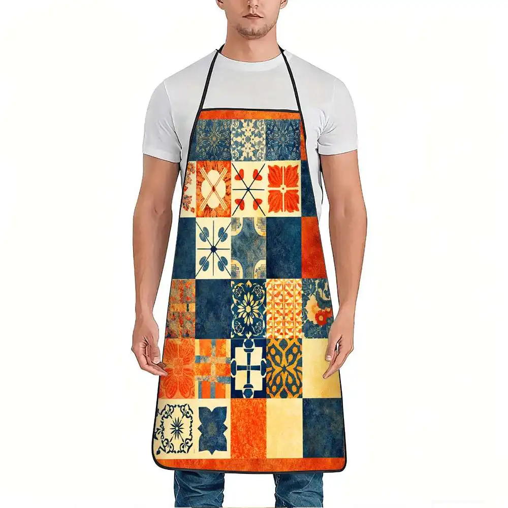 1pc Vintage Bohemian Geometric Tile Pattern Print Apron, Durable and Easy to Clean, Adjustable Waistband, Polyester Material, fo