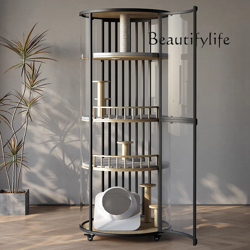 Large cylindrical cat villa 360 panoramic view four floors can move the cat house solid wood cage