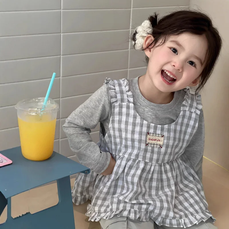 

2025Spring and Autumn New Children's Clothing Girls' Plaid Shirt Sleeveless Vest Children's Fashionable Vest Baby Cover-up