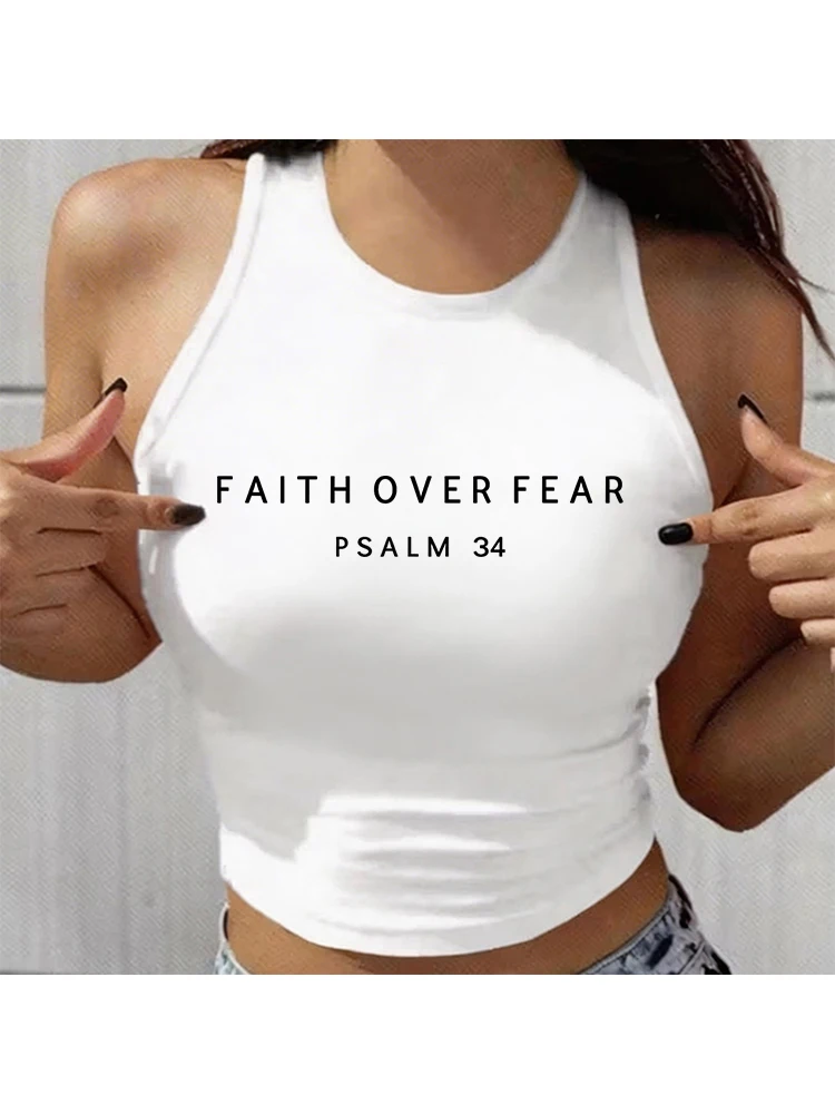 Letter Faith Over Fear Print Crop Tank Tops Vintage Sexy Vest T Shirt Women's O-neck Sleeveless Graphic Crop Tops Clothes Femme