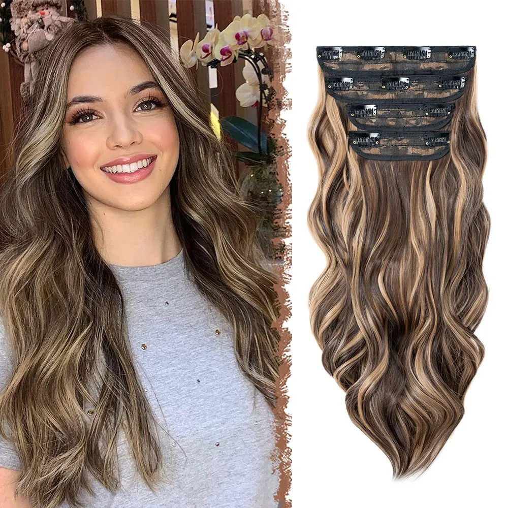 Snoilite Synthetic 22inch Clip In Hair Extensions Wavy Brown Blonde Ombre Balayage Hair Pieces For Women Thick Clip-in Full Head